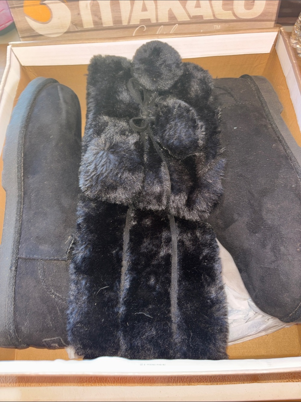 Women's Black Faux-Fur Ankle Boots - Cozy Pom Detail size 10